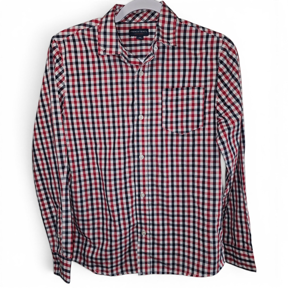 French Toast Button Down Kids Size 16 Red Gingham Excellent Long Sleeve Plaid